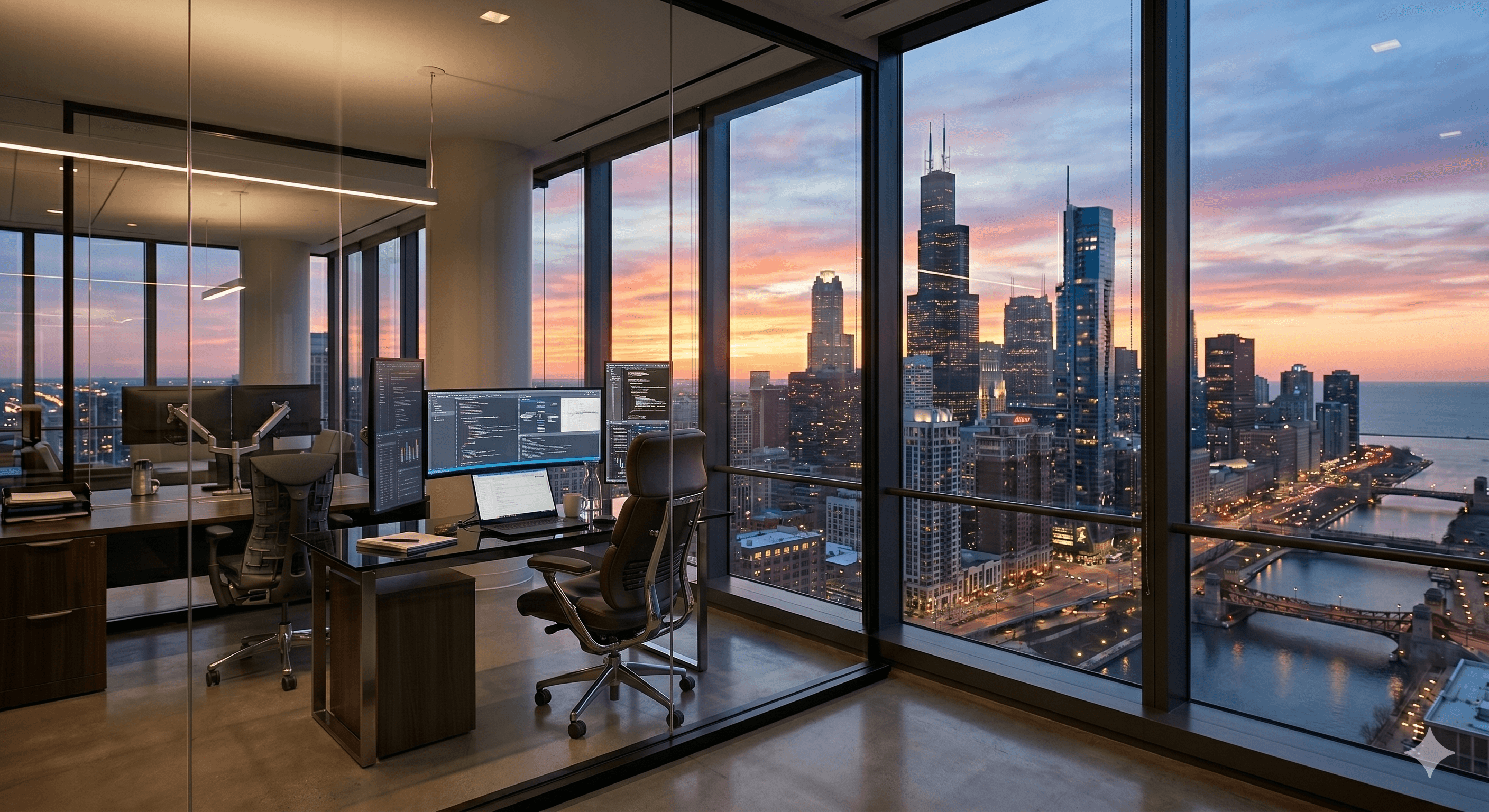 CRS office overlooking the Chicago skyline at dusk